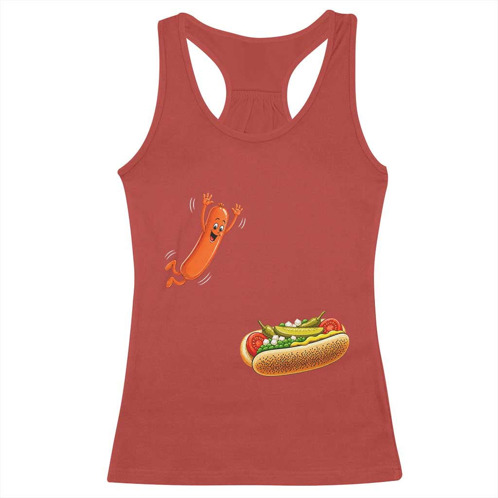 Funny Chicago Style Hot Dog Sausage Jumping Into Bun BBQ Racerback Tank Top