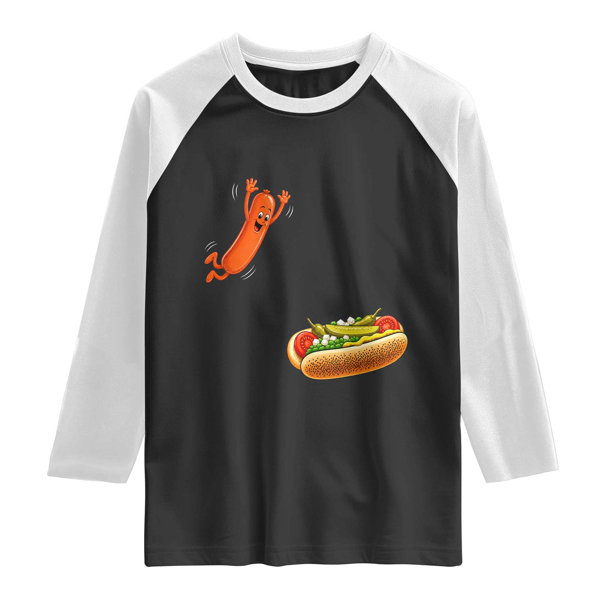 Funny Chicago Style Hot Dog Sausage Jumping Into Bun BBQ Raglan Shirt