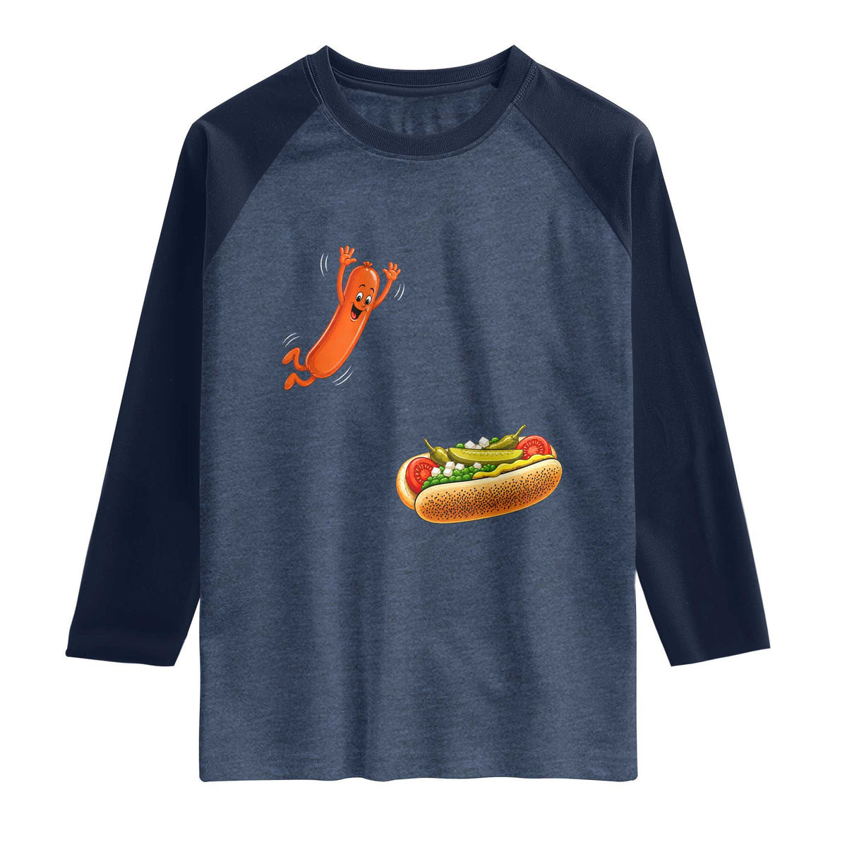 Funny Chicago Style Hot Dog Sausage Jumping Into Bun BBQ Raglan Shirt