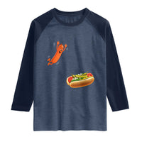 Funny Chicago Style Hot Dog Sausage Jumping Into Bun BBQ Raglan Shirt