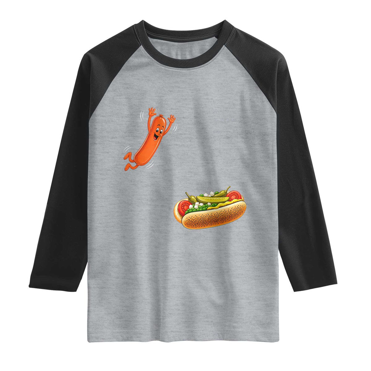 Funny Chicago Style Hot Dog Sausage Jumping Into Bun BBQ Raglan Shirt