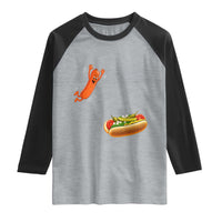 Funny Chicago Style Hot Dog Sausage Jumping Into Bun BBQ Raglan Shirt