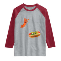 Funny Chicago Style Hot Dog Sausage Jumping Into Bun BBQ Raglan Shirt