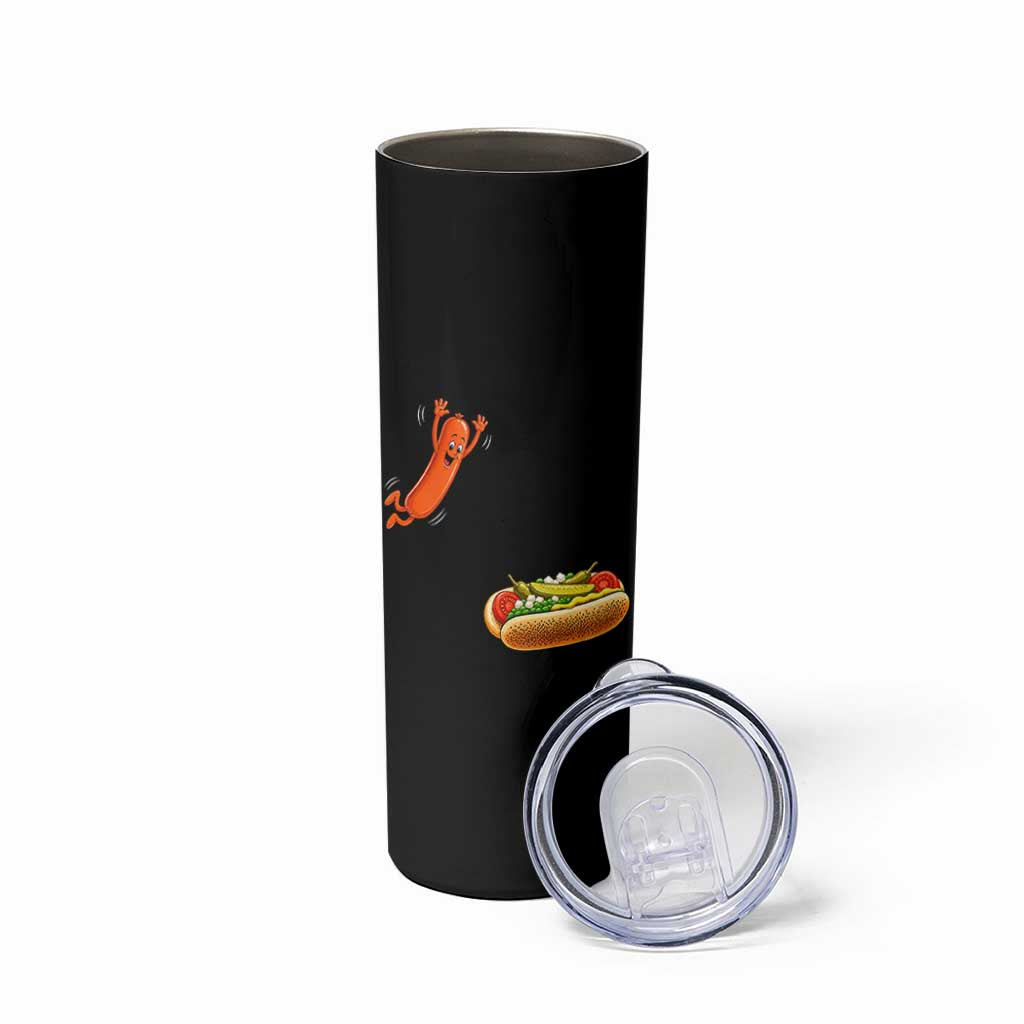 Funny Chicago Style Hot Dog Sausage Jumping Into Bun BBQ Skinny Tumbler