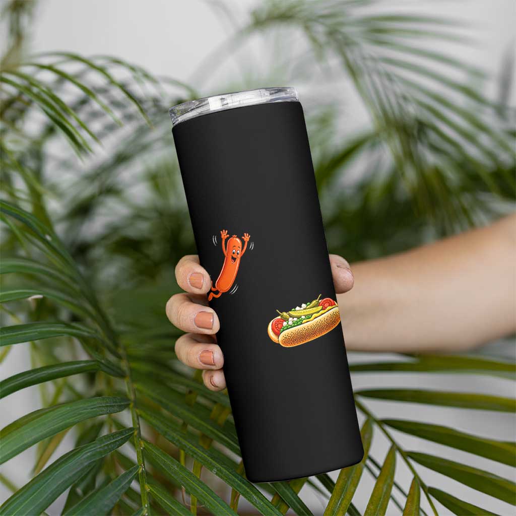 Funny Chicago Style Hot Dog Sausage Jumping Into Bun BBQ Skinny Tumbler