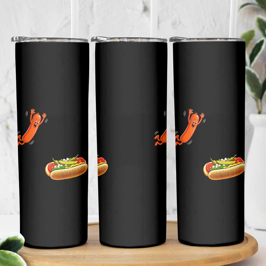 Funny Chicago Style Hot Dog Sausage Jumping Into Bun BBQ Skinny Tumbler