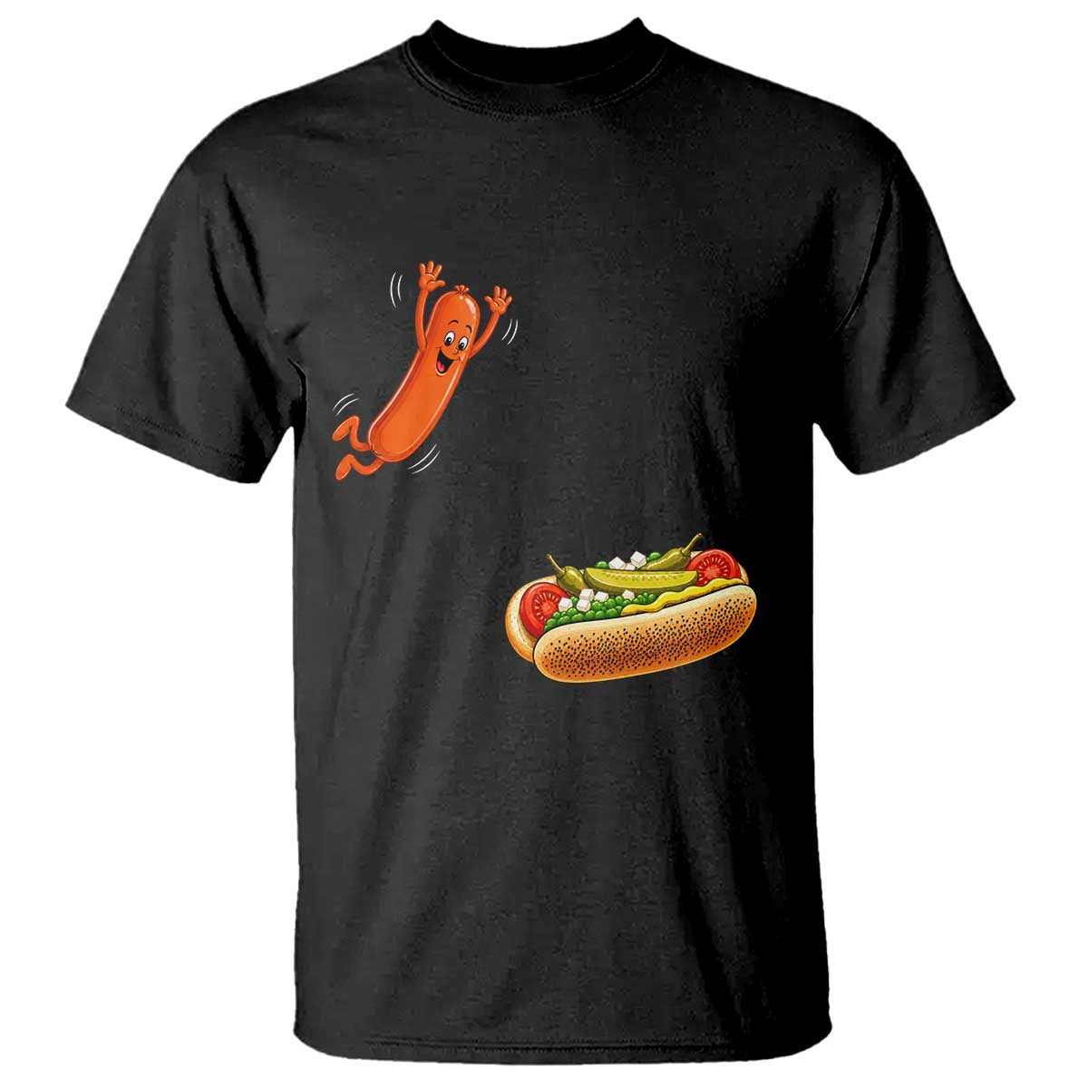 Funny Chicago Style Hot Dog Sausage Jumping Into Bun BBQ T Shirt