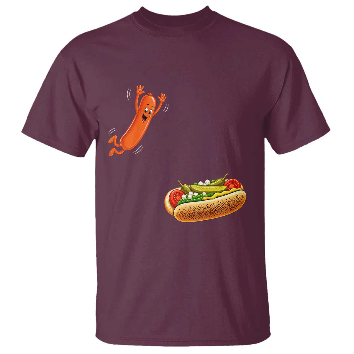 Funny Chicago Style Hot Dog Sausage Jumping Into Bun BBQ T Shirt