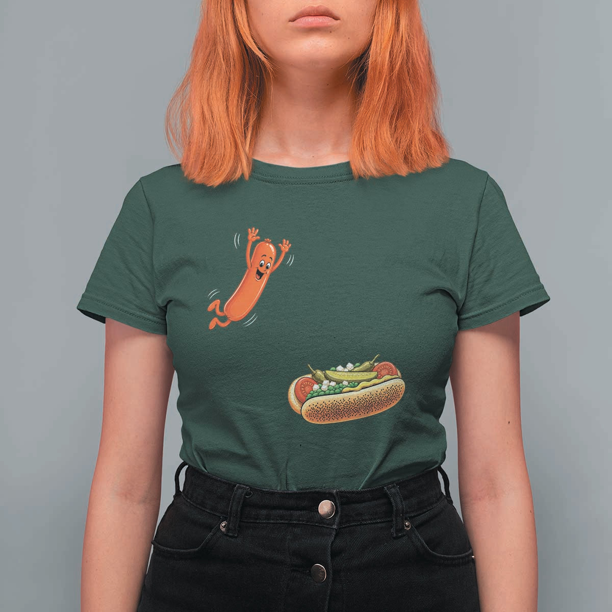 Funny Chicago Style Hot Dog Sausage Jumping Into Bun BBQ T Shirt For Women