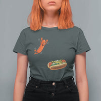 Funny Chicago Style Hot Dog Sausage Jumping Into Bun BBQ T Shirt For Women