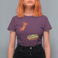 Funny Chicago Style Hot Dog Sausage Jumping Into Bun BBQ T Shirt For Women