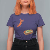 Funny Chicago Style Hot Dog Sausage Jumping Into Bun BBQ T Shirt For Women