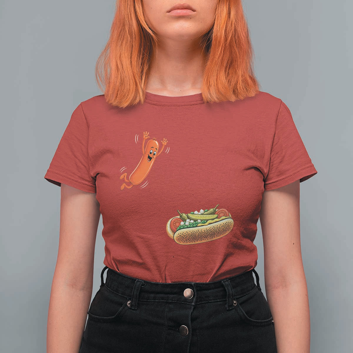 Funny Chicago Style Hot Dog Sausage Jumping Into Bun BBQ T Shirt For Women
