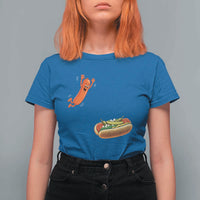 Funny Chicago Style Hot Dog Sausage Jumping Into Bun BBQ T Shirt For Women