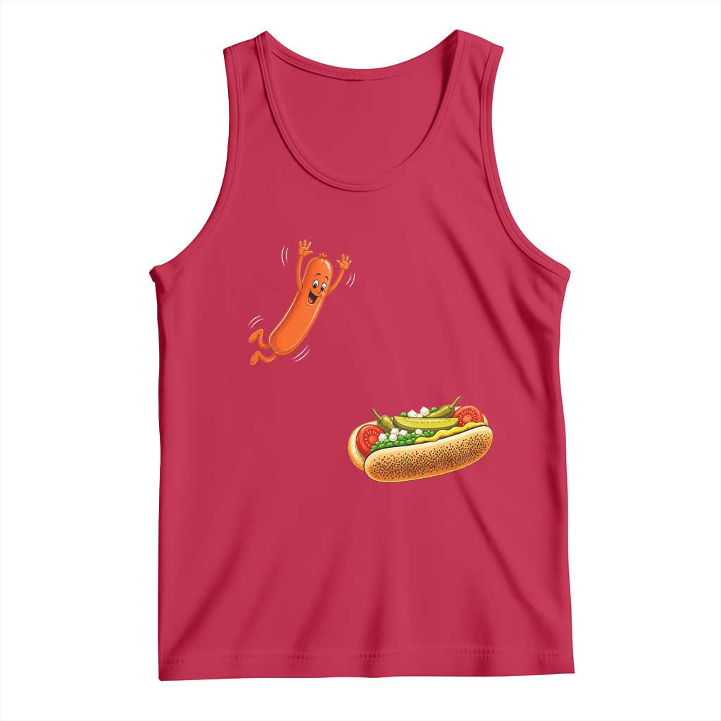 Funny Chicago Style Hot Dog Sausage Jumping Into Bun BBQ Tank Top