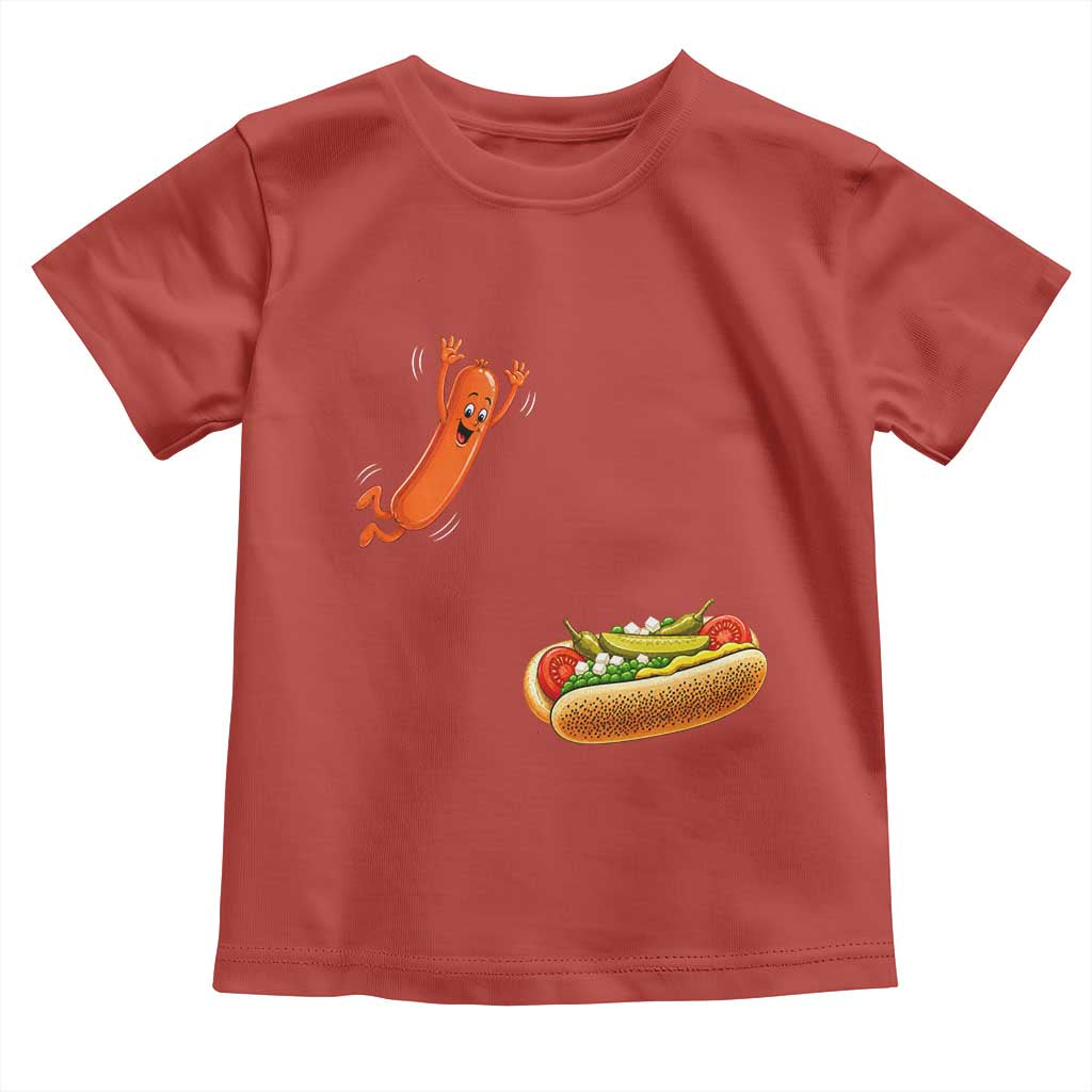 Funny Chicago Style Hot Dog Sausage Jumping Into Bun BBQ Toddler T Shirt