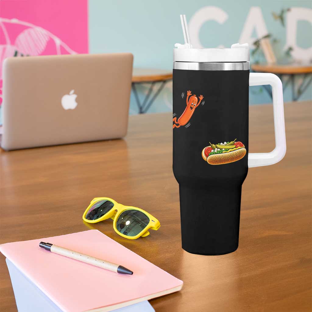Funny Chicago Style Hot Dog Sausage Jumping Into Bun BBQ Tumbler With Handle