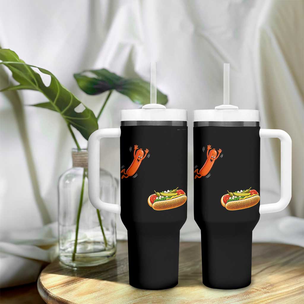 Funny Chicago Style Hot Dog Sausage Jumping Into Bun BBQ Tumbler With Handle