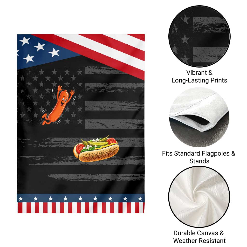 Funny Chicago Style Hot Dog Sausage Jumping Into Bun BBQ Patriotic Garden Flag