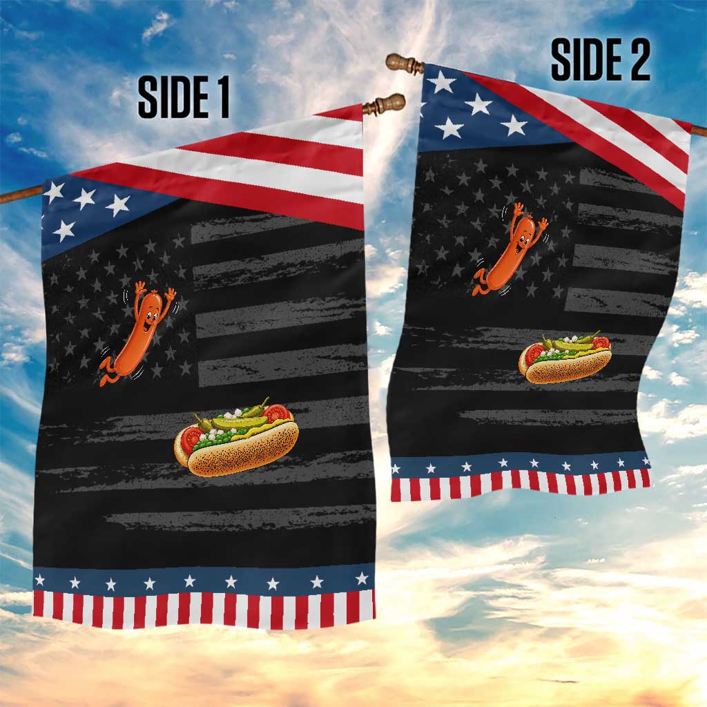 Funny Chicago Style Hot Dog Sausage Jumping Into Bun BBQ Patriotic Garden Flag