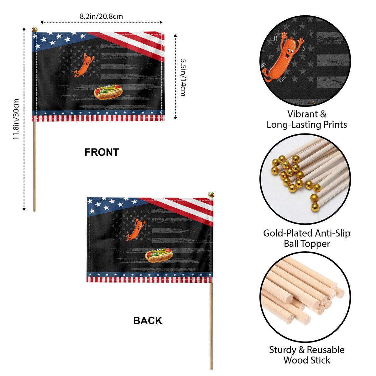 Funny Chicago Style Hot Dog Sausage Jumping Into Bun BBQ Patriotic Handheld Flag