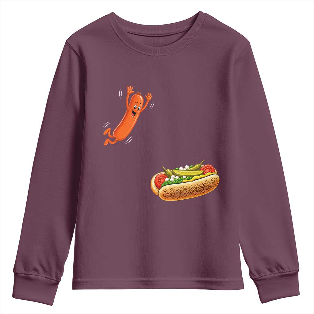 Funny Chicago Style Hot Dog Sausage Jumping Into Bun BBQ Youth Sweatshirt