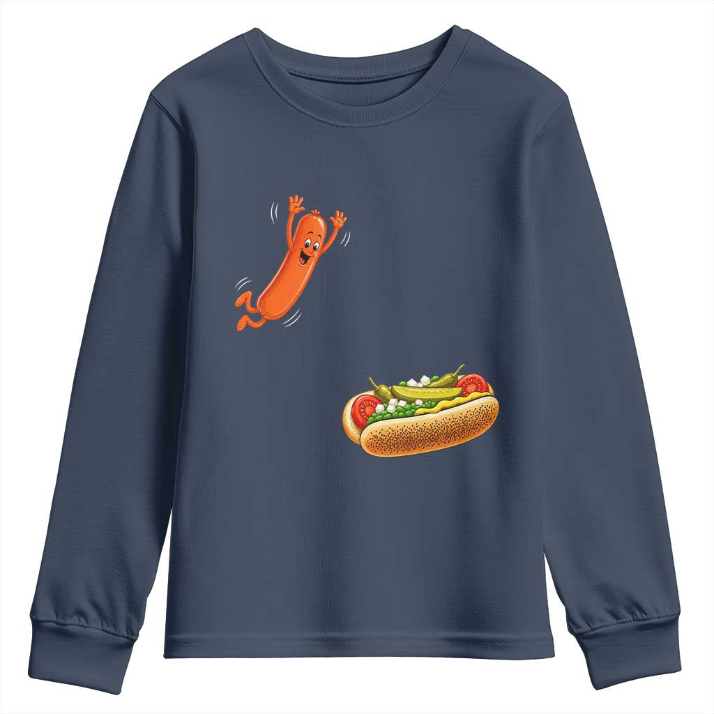 Funny Chicago Style Hot Dog Sausage Jumping Into Bun BBQ Youth Sweatshirt