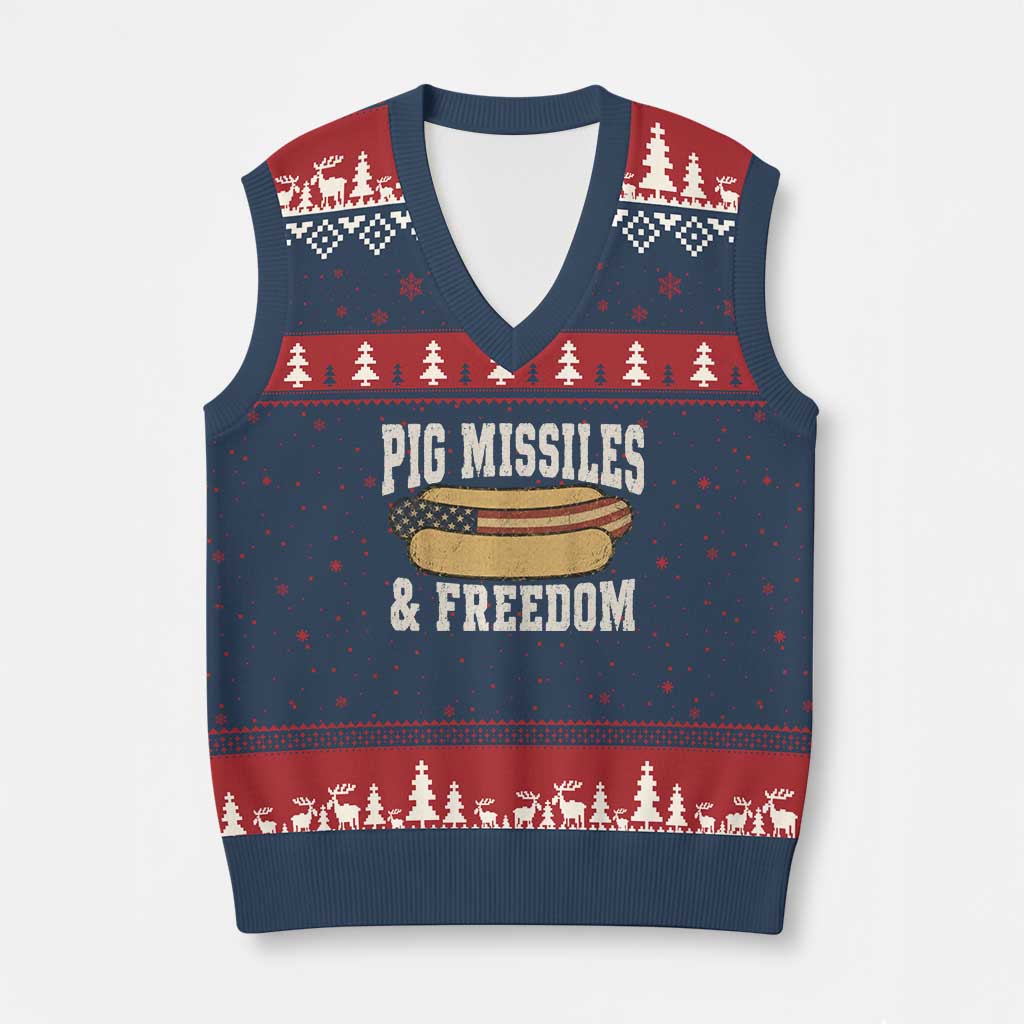 Pig Missiles And Freedom 4th of July Patriotic Hotdog V-Neck Knit Sweater Vest