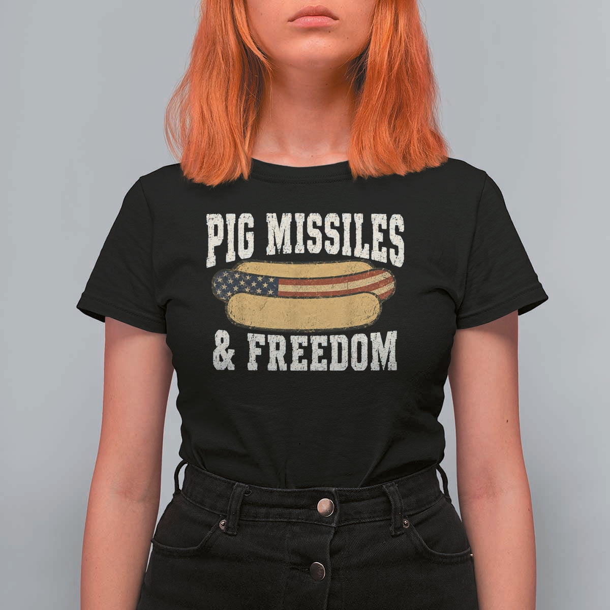 Pig Missiles And Freedom 4th of July Patriotic Hotdog T Shirt For Women