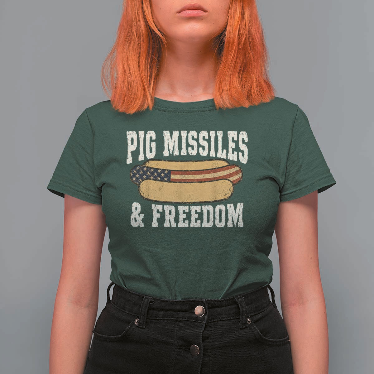 Pig Missiles And Freedom 4th of July Patriotic Hotdog T Shirt For Women