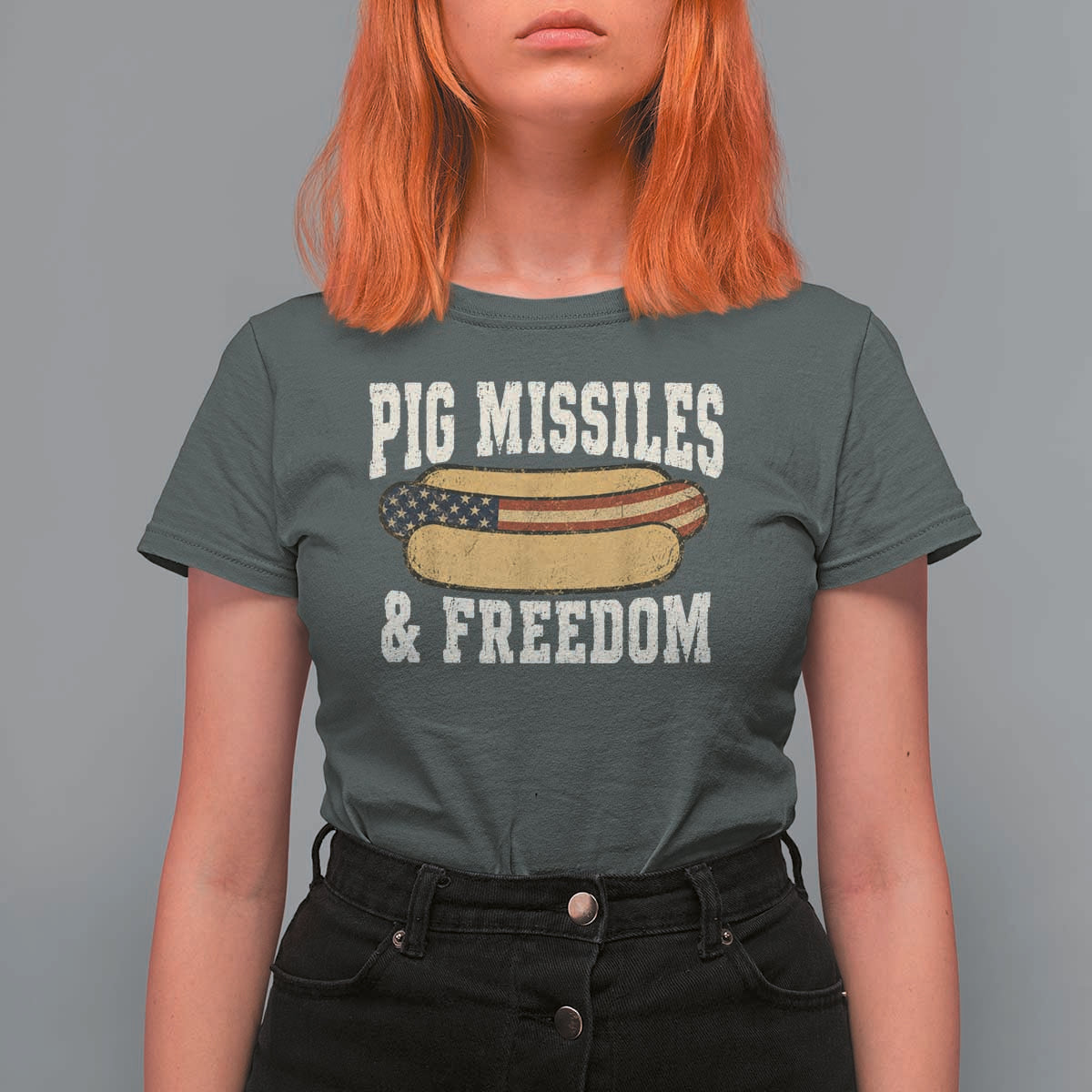 Pig Missiles And Freedom 4th of July Patriotic Hotdog T Shirt For Women