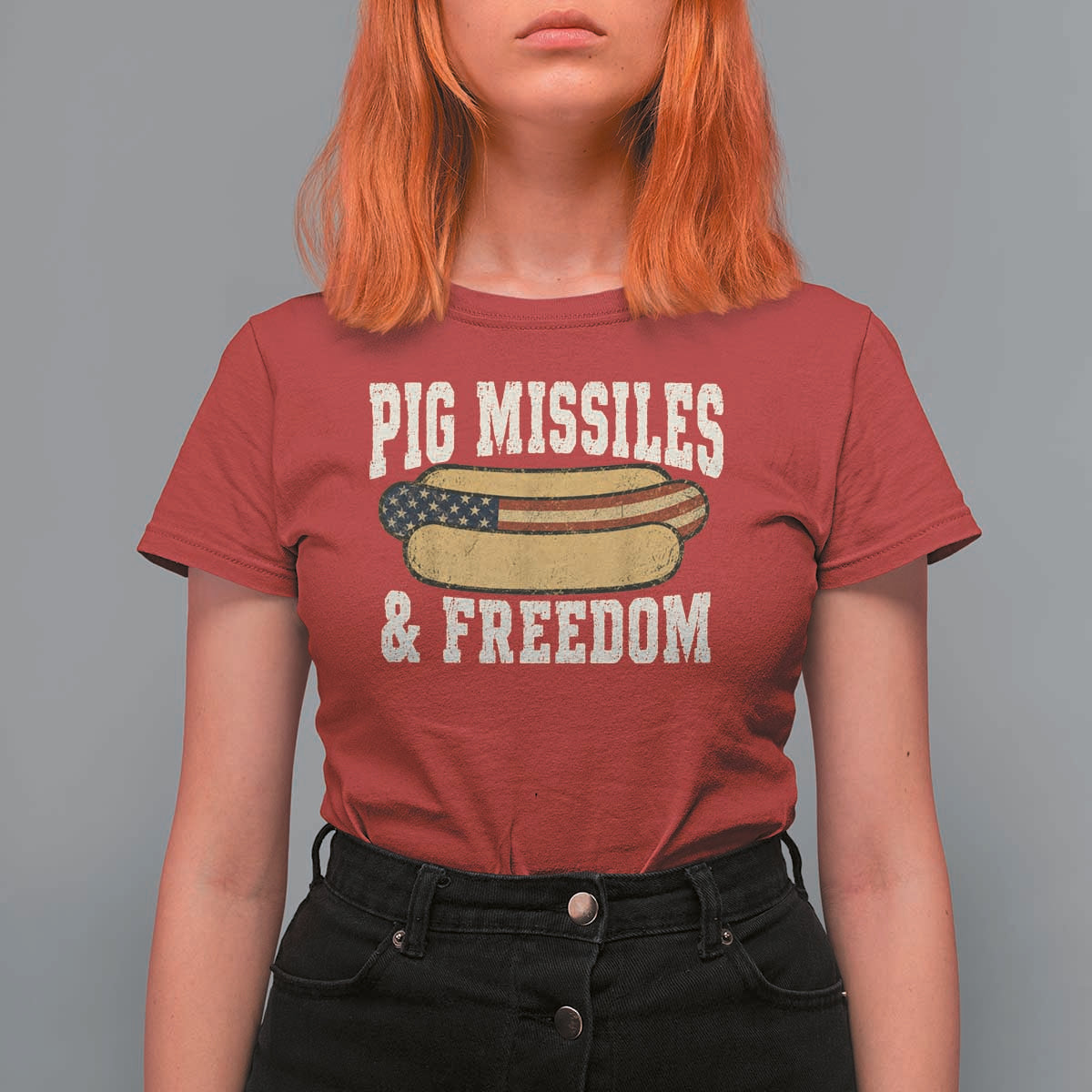 Pig Missiles And Freedom 4th of July Patriotic Hotdog T Shirt For Women