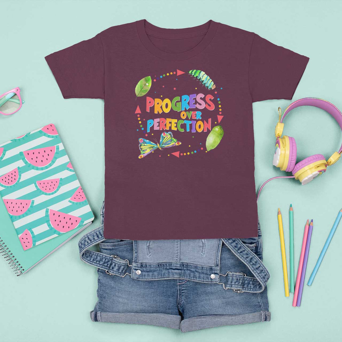 Progress Over Perfection T Shirt For Kid Caterpillar Back To School - Wonder Print Shop