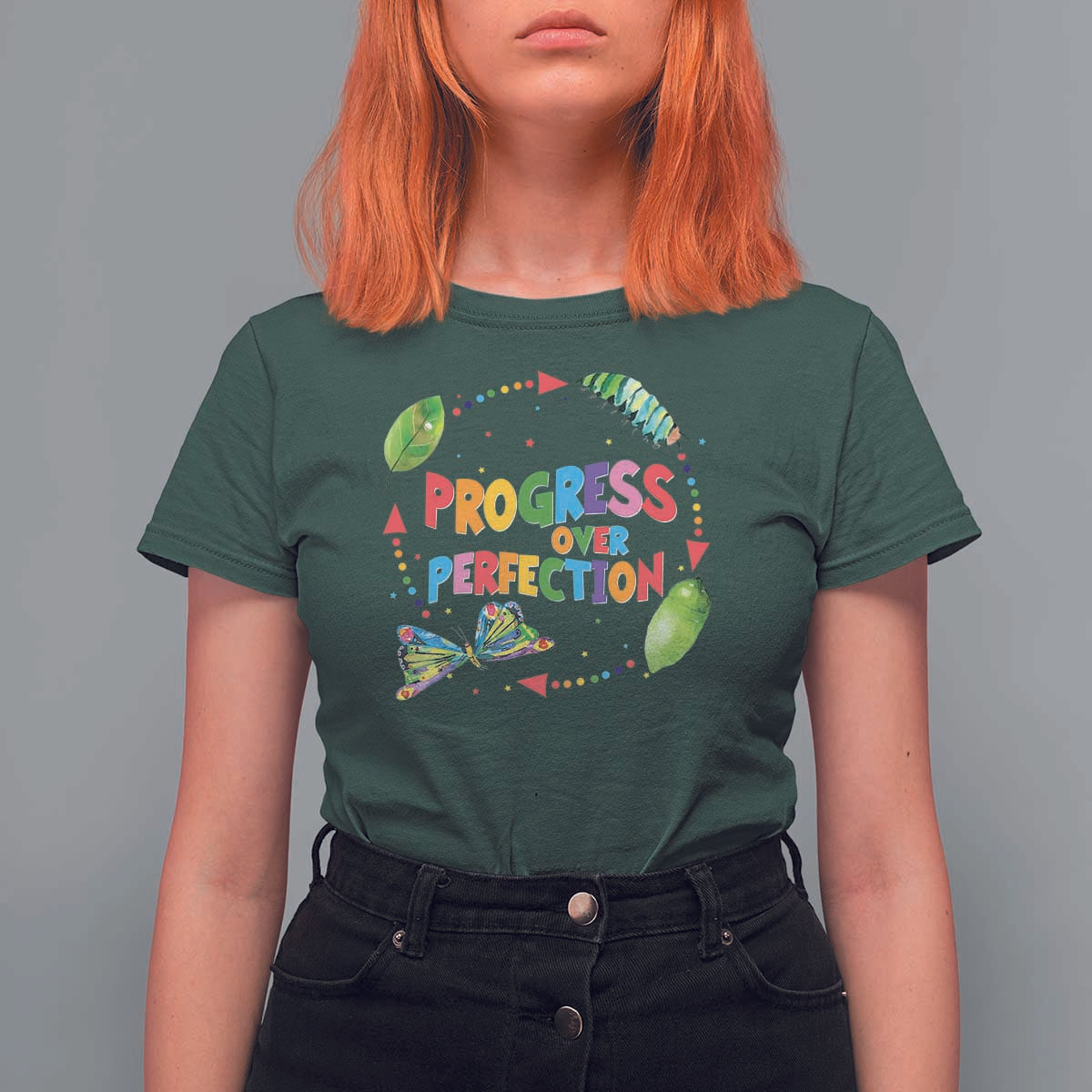 Progress Over Perfection T Shirt For Women Caterpillar Back To School - Wonder Print Shop