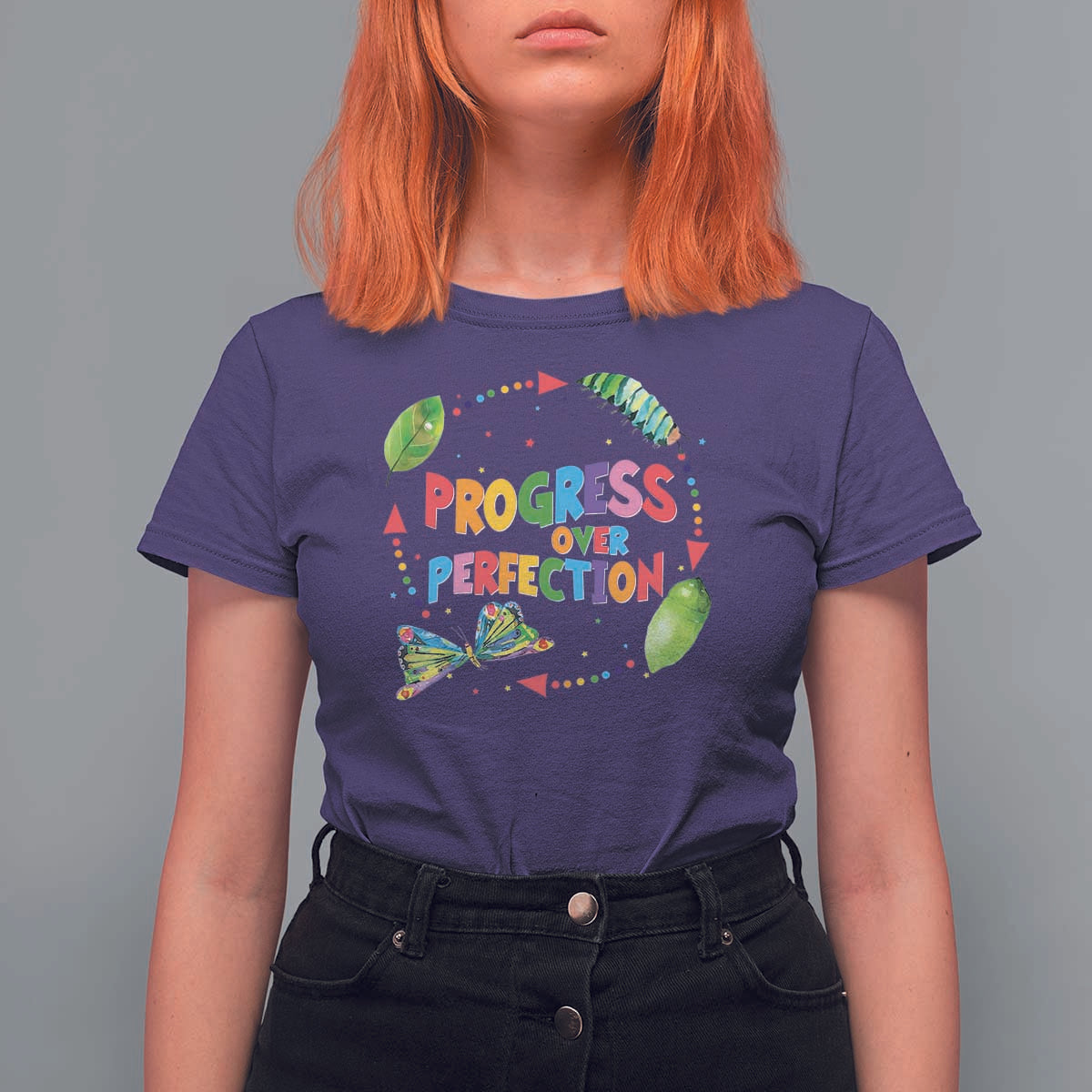 Progress Over Perfection T Shirt For Women Caterpillar Back To School - Wonder Print Shop