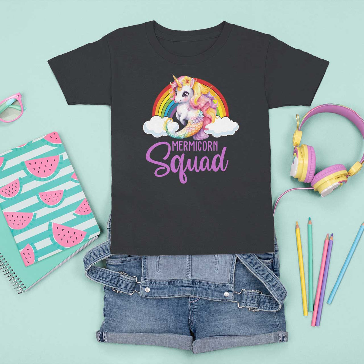 Mermicorn Squad T Shirt For Kid Mermaids Unicorns Birthday Party Rainbow - Wonder Print Shop