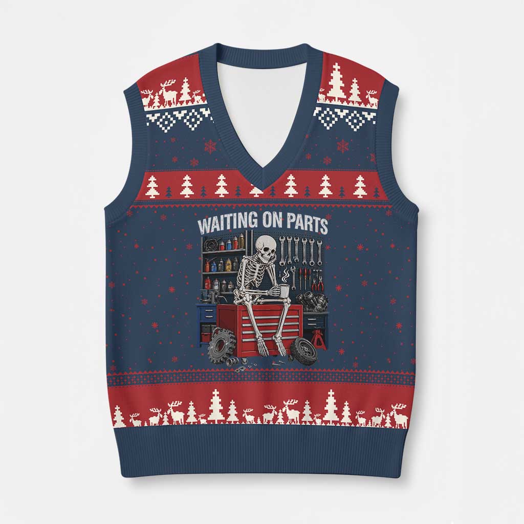 Waiting On Parts Funny Mechanic V-Neck Knit Sweater Vest Funny Skeleton Auto Repair Life