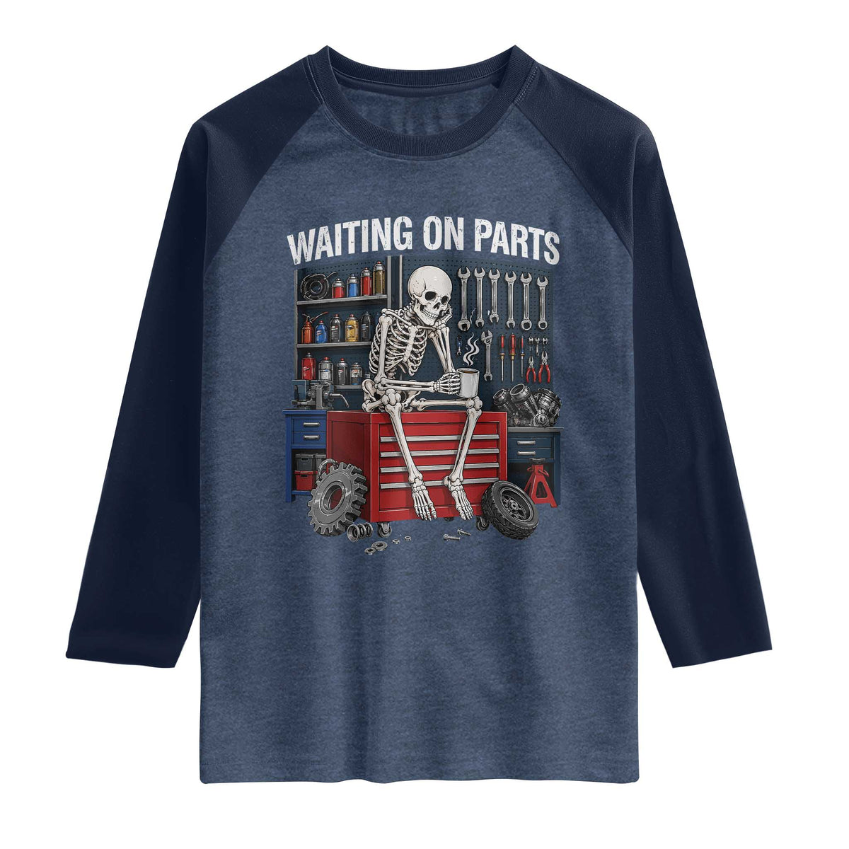Waiting On Parts Funny Mechanic Raglan Shirt Funny Skeleton Auto Repair Life