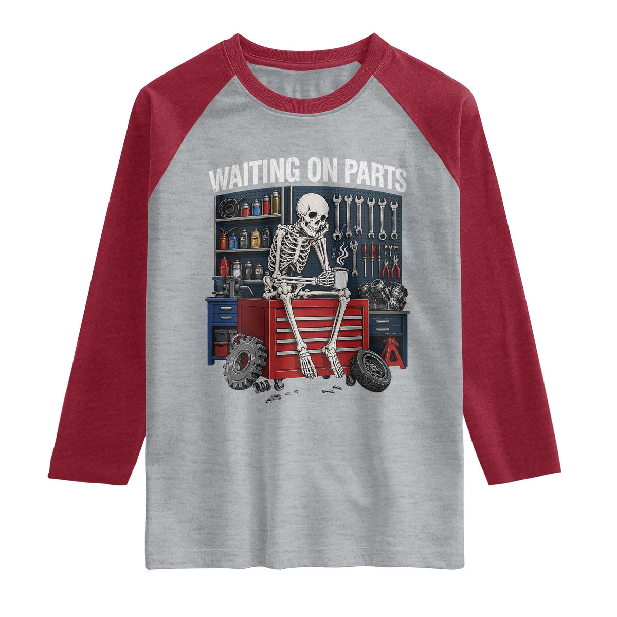 Waiting On Parts Funny Mechanic Raglan Shirt Funny Skeleton Auto Repair Life