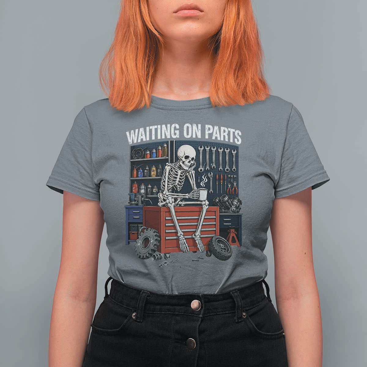 Waiting On Parts Funny Mechanic T Shirt For Women Funny Skeleton Auto Repair Life