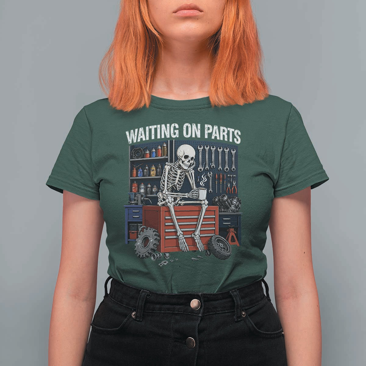Waiting On Parts Funny Mechanic T Shirt For Women Funny Skeleton Auto Repair Life