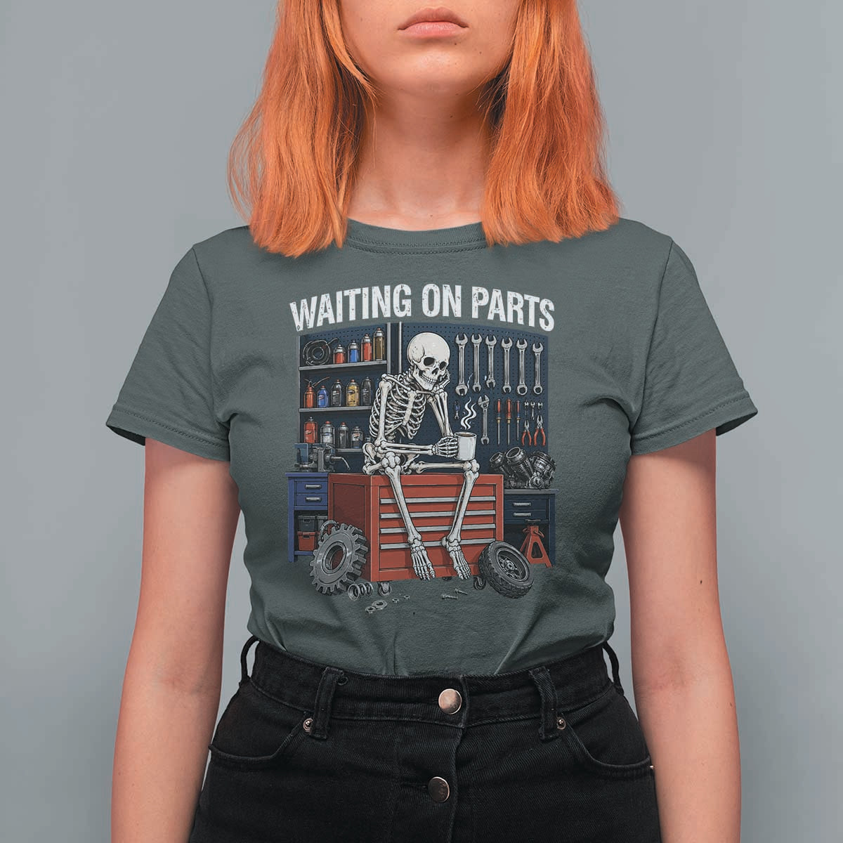 Waiting On Parts Funny Mechanic T Shirt For Women Funny Skeleton Auto Repair Life