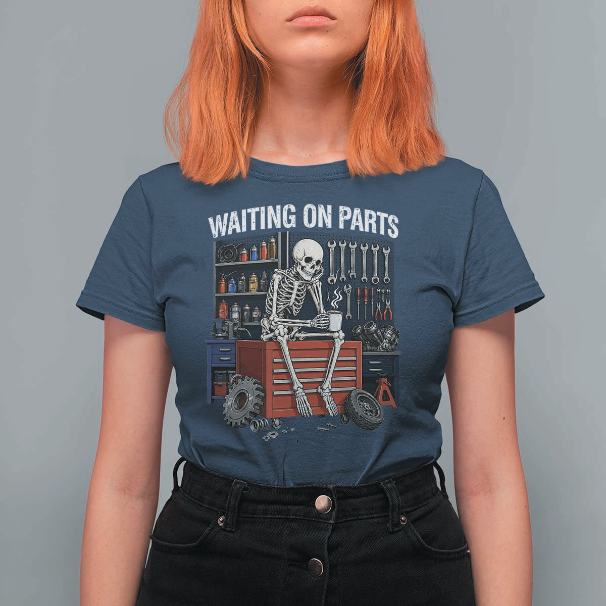 Waiting On Parts Funny Mechanic T Shirt For Women Funny Skeleton Auto Repair Life