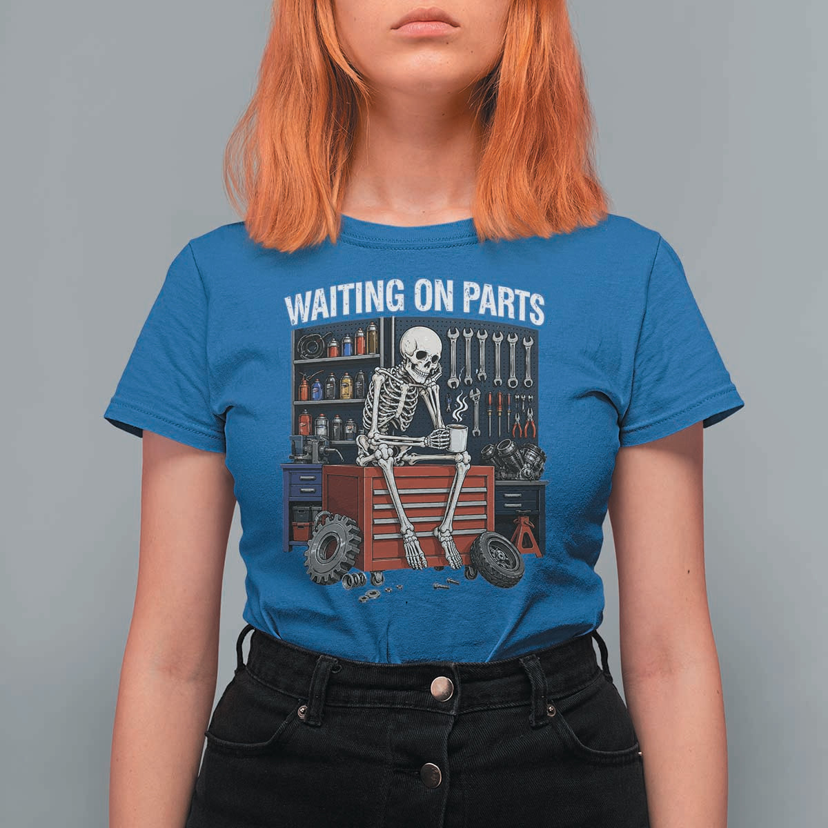 Waiting On Parts Funny Mechanic T Shirt For Women Funny Skeleton Auto Repair Life