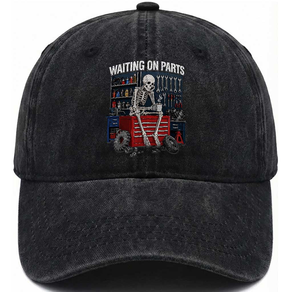 Waiting On Parts Funny Mechanic Washed Cotton Baseball Cap Funny Skeleton Auto Repair Life