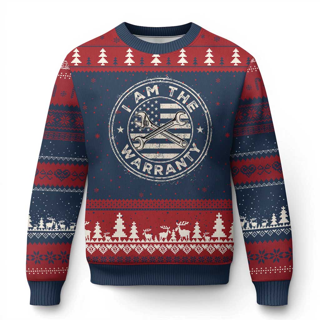 I Am The Warranty Funny Mechanic Ugly Christmas Sweater Race Car Parts Repair Guy Vintage American Flag