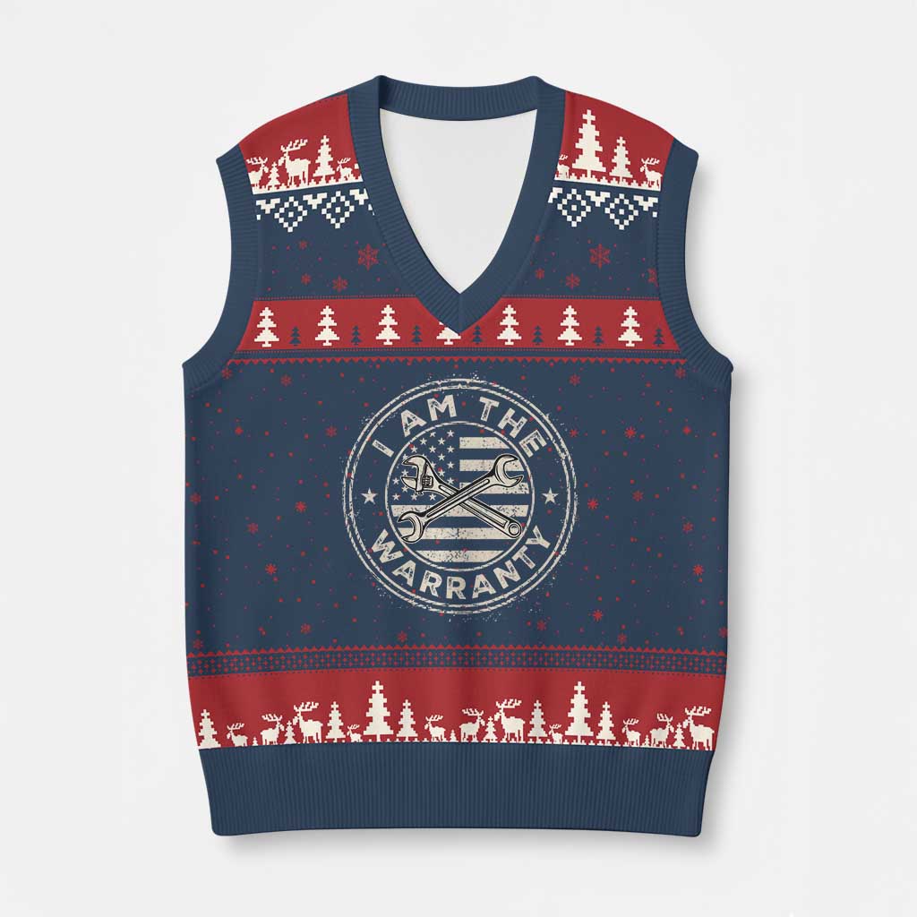 I Am The Warranty Funny Mechanic V-Neck Knit Sweater Vest Race Car Parts Repair Guy Vintage American Flag
