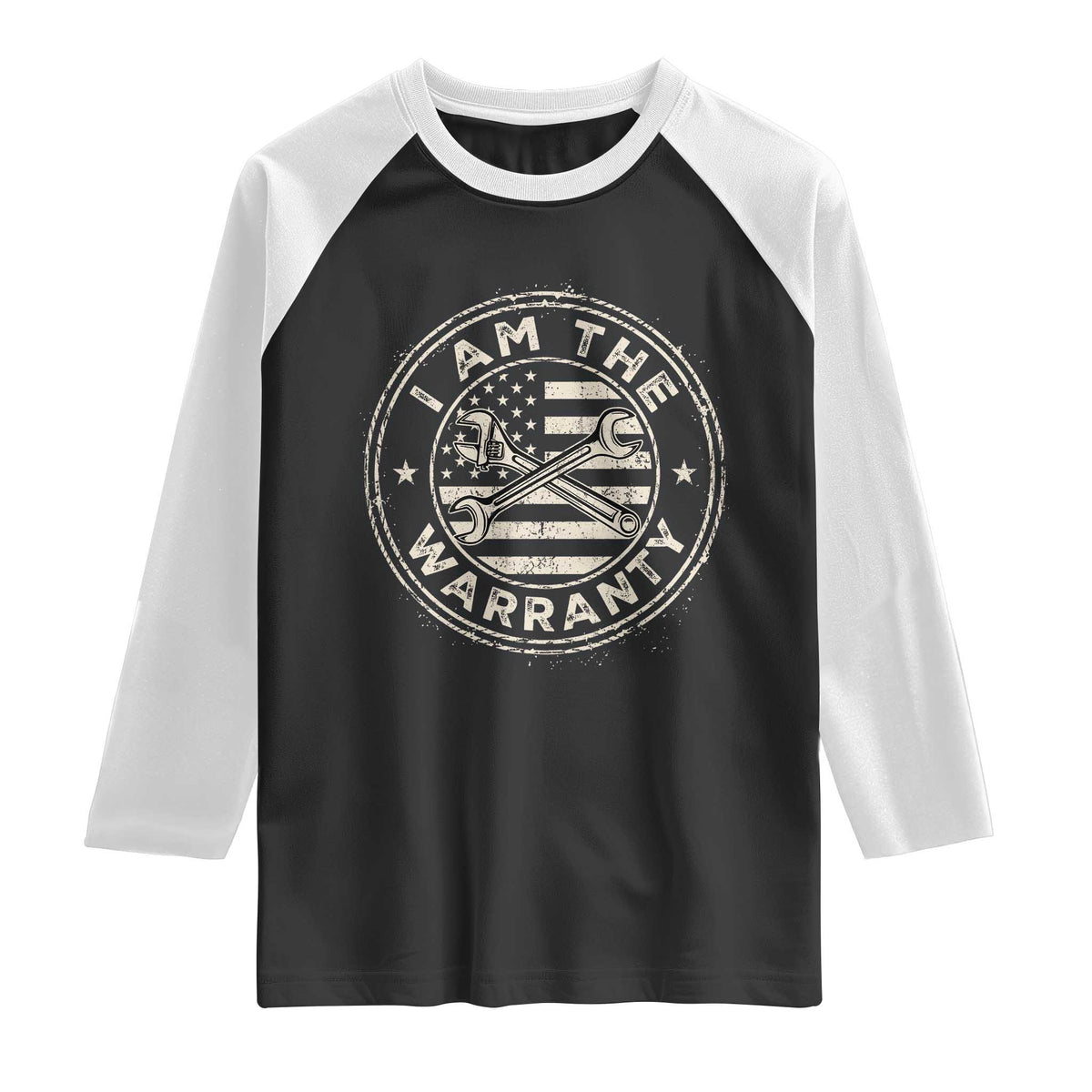 I Am The Warranty Funny Mechanic Raglan Shirt Race Car Parts Repair Guy Vintage American Flag