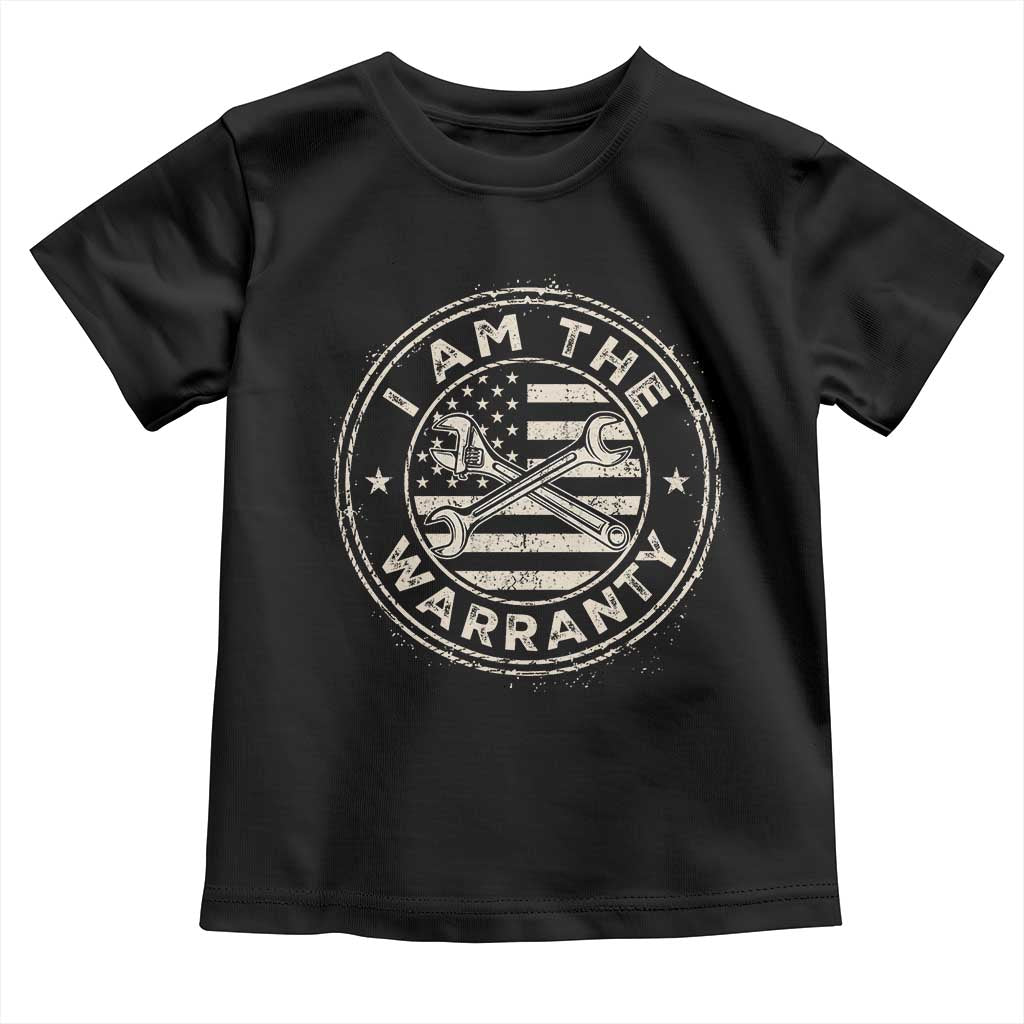 I Am The Warranty Funny Mechanic Toddler T Shirt Race Car Parts Repair Guy Vintage American Flag