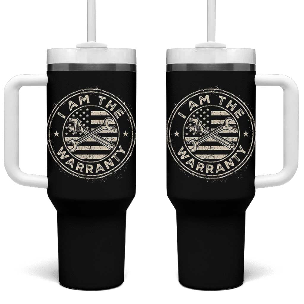 I Am The Warranty Funny Mechanic Tumbler With Handle Race Car Parts Repair Guy Vintage American Flag